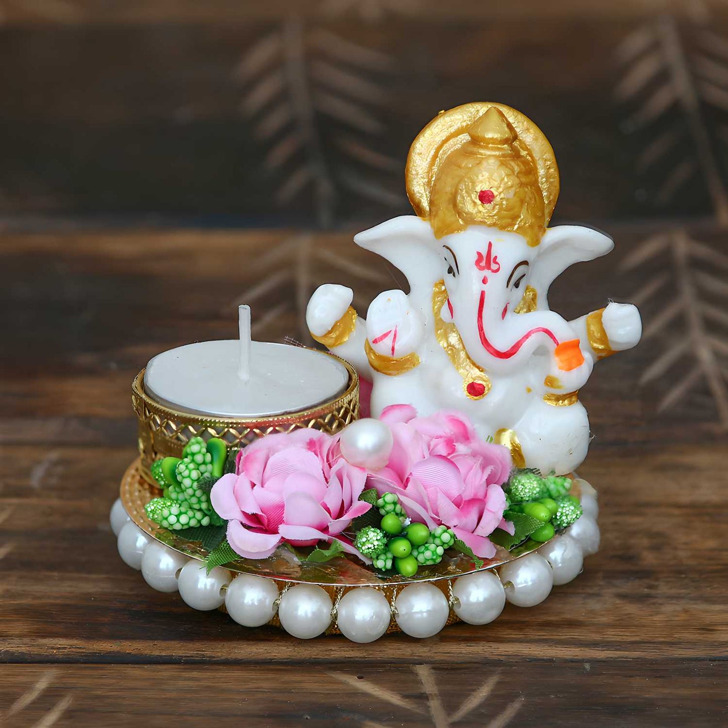 eCraftIndia Lord Ganesha Idol on Decorative Plate with Tea Light Holder